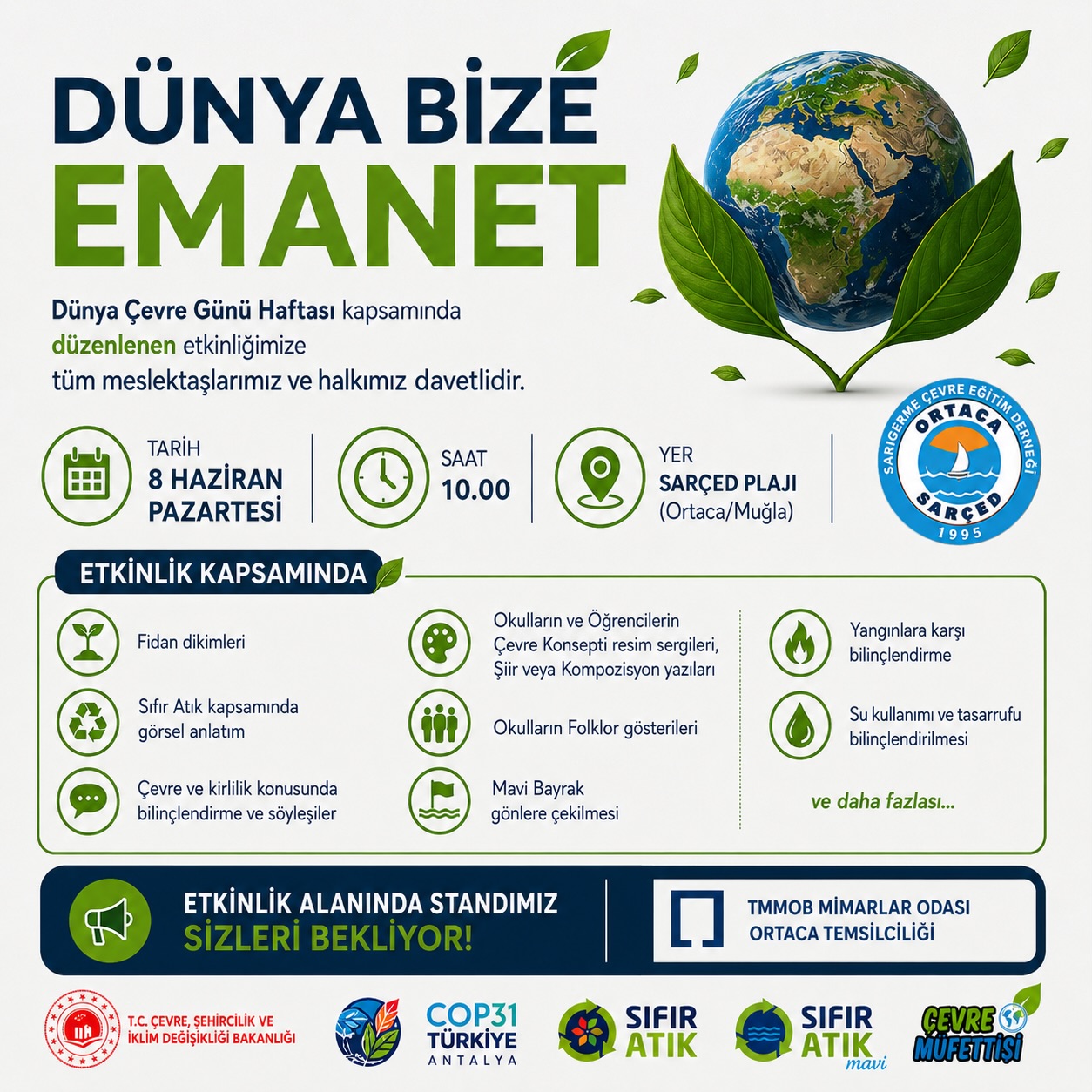 🏛️ TMMOB Mimarlar Odası Ortaca Temsilciliği olarak etkinlik alanındaki standımızda sizlerle buluşacağız.
Sürdürülebilir kentler, çevre dostu yapılar ve doğal yaşamın korunmasına ilişkin çalışmalarımız hakkında bilgi almak için standımıza bekleriz.
#DünyaÇevreGünü #ÇevreHaftası #Ortaca #SARÇED #MimarlarOdası TMMOB OrtacaTemsilciliği SıfırAtık Sürdürülebilirlik YeşilGelecek Muğla Sarıgerme ÇevreBilinci Mimarlık DoğaİçinBirlikte