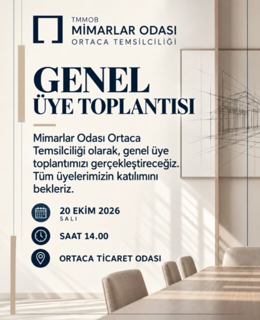MİMARLAR ODASI ORTACA TEMSİLCİLİĞİ GENEL ÜYE TOPLANTISI

Değerli meslektaşlarımız,

Mesleki sorunlarımızı değerlendirmek, güncel konular üzerine görüş alışverişinde bulunmak, üyelerimiz arasındaki dayanışmayı güçlendirmek ve temsilciliğimizin çalışmalarını birlikte ele almak amacıyla Genel Üye Toplantımızı gerçekleştiriyoruz.

📅 20 Ekim 2026 Salı
🕑 Saat 14.00
📍 Ortaca Ticaret Odası

Katılımınız ve katkılarınız bizim için değerli. Tüm üyelerimizi toplantımıza bekliyoruz.

#MimarlarOdası #Ortaca #Mimarlık #mimarlik